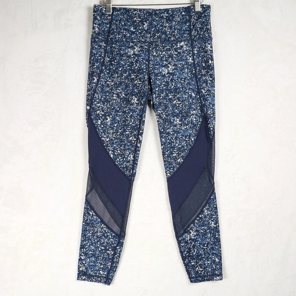 Athleta Medium Leggings Blue Speckled Mesh Panel High Waisted Performance Womens
